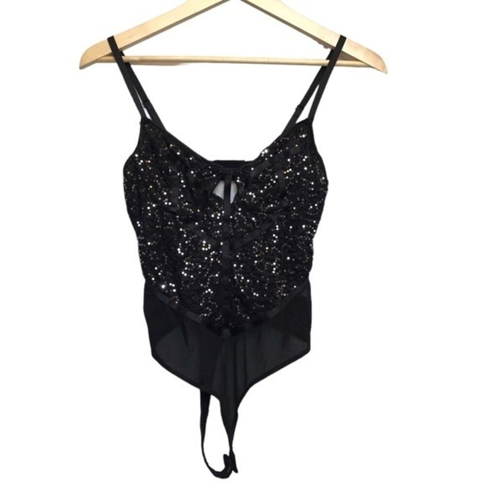 Haute Monde Black Lace & Black Sequined Sexy Bodysuit‎ - M